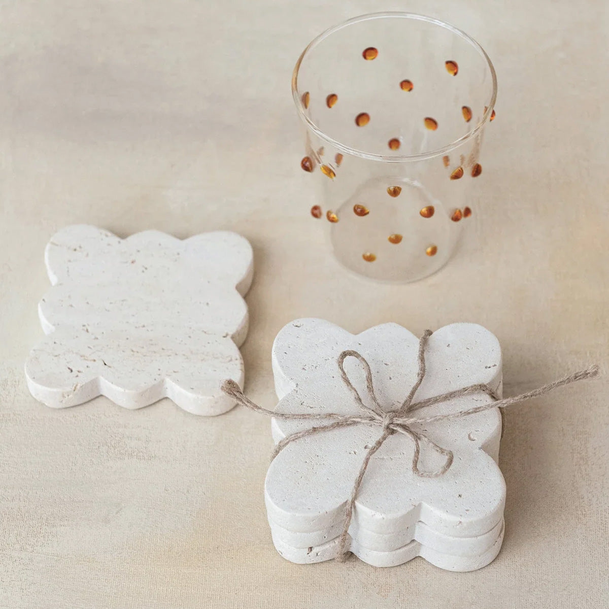 Set of Four Square Travertine Coasters with Scalloped Edge