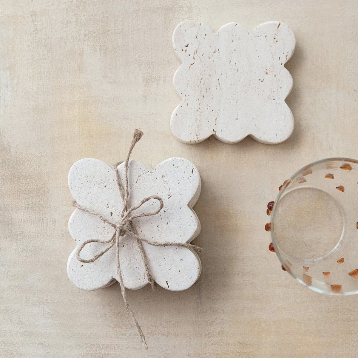Set of Four Square Travertine Coasters with Scalloped Edge