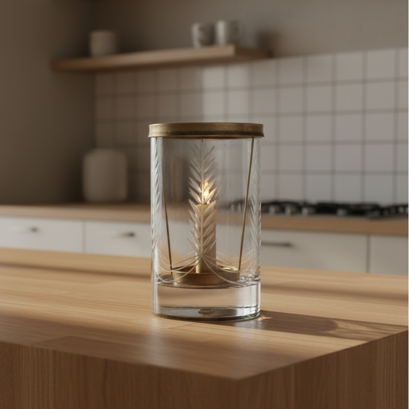 Etched Glass Candle Holder with Bronze Toned Metal Frame