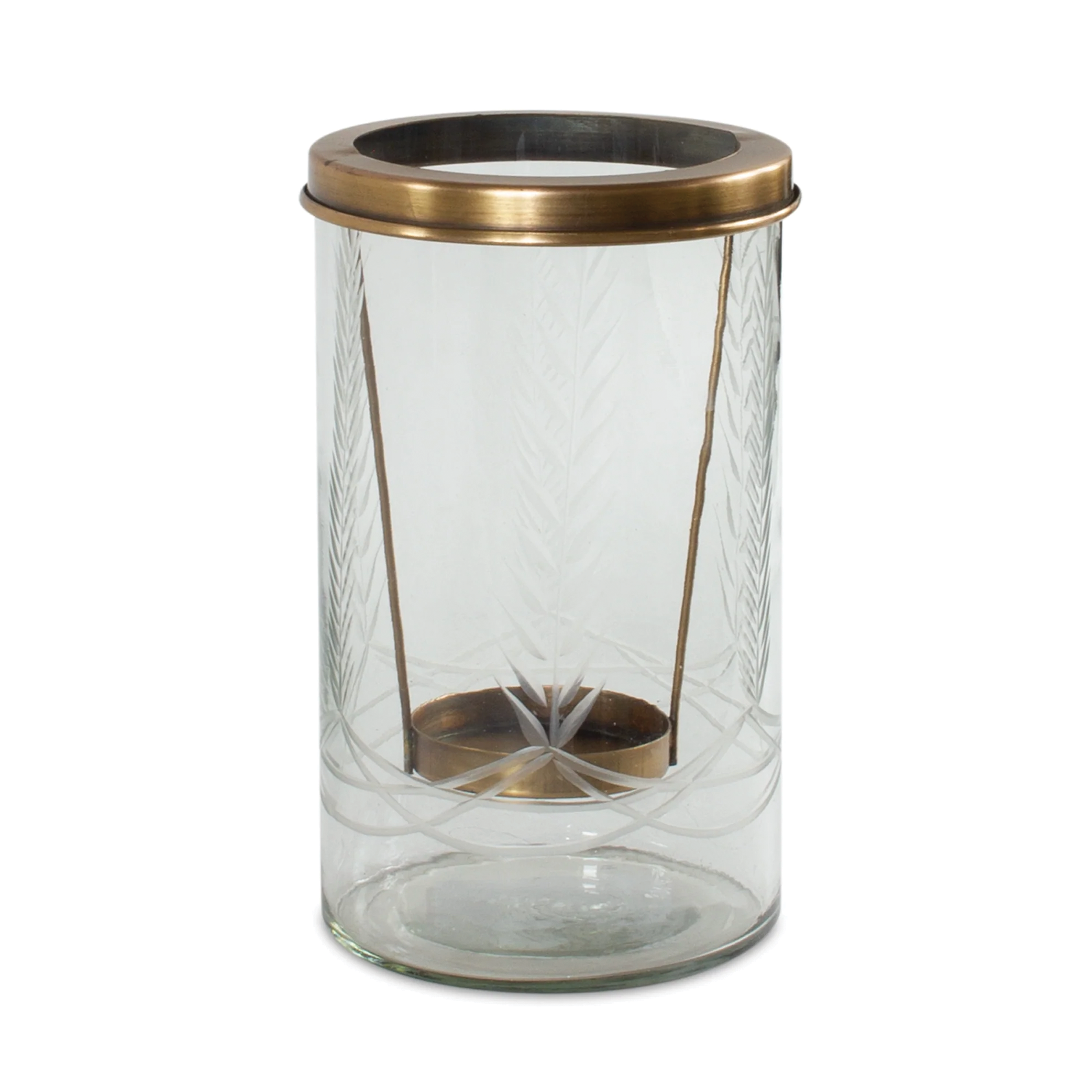 Etched Glass Candle Holder with Bronze Toned Metal Frame