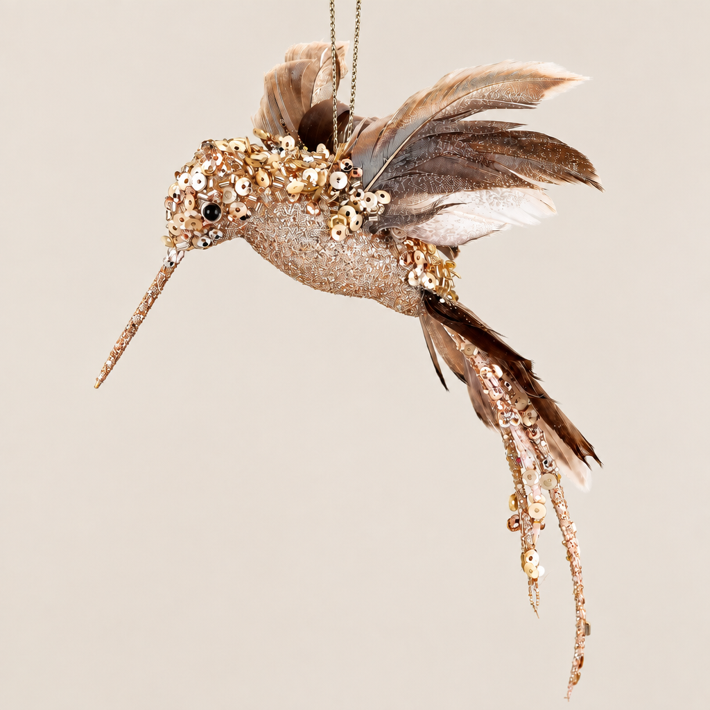 Glitter Sequin Beaded Champagne Hummingbird Ornament