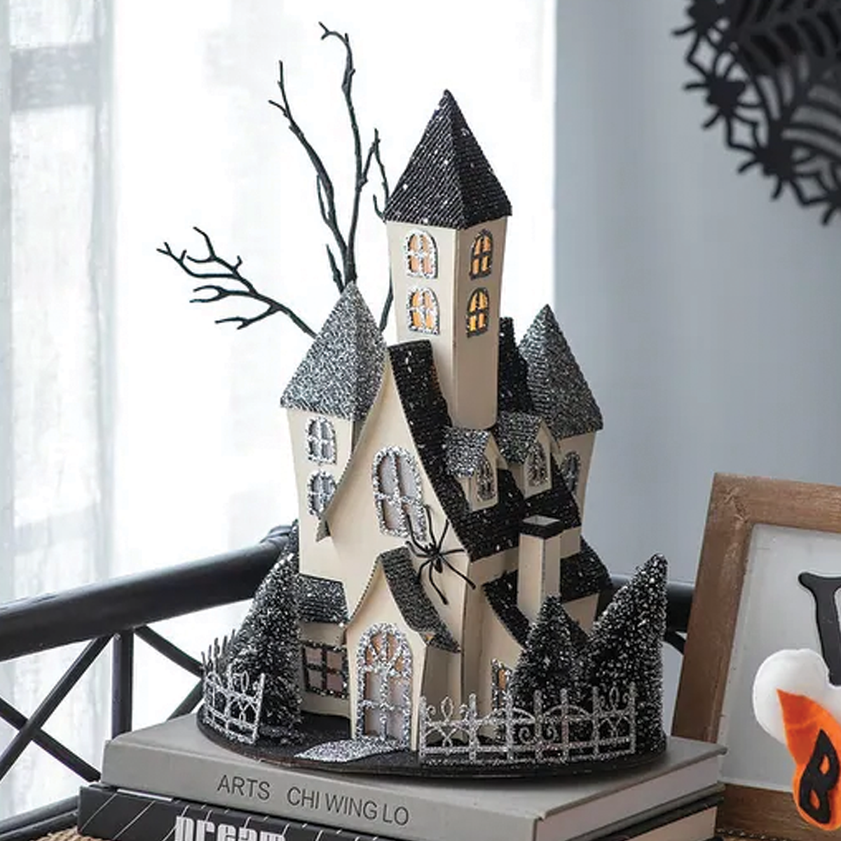 Haunted Mansion Glitter Gray and Black with Pumpkins Cardboard LED with Timer