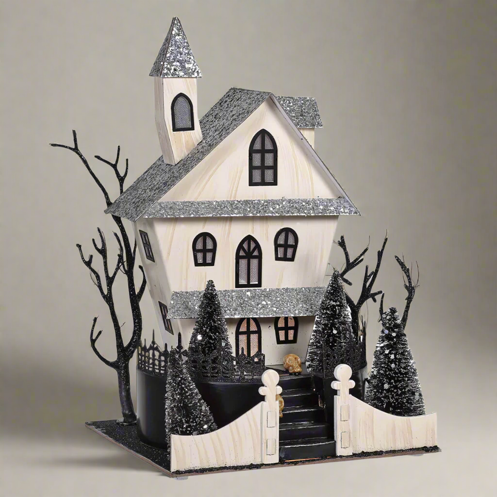 Haunted House Sparkle White and Gray Cardboard with Skulls LED with Timer