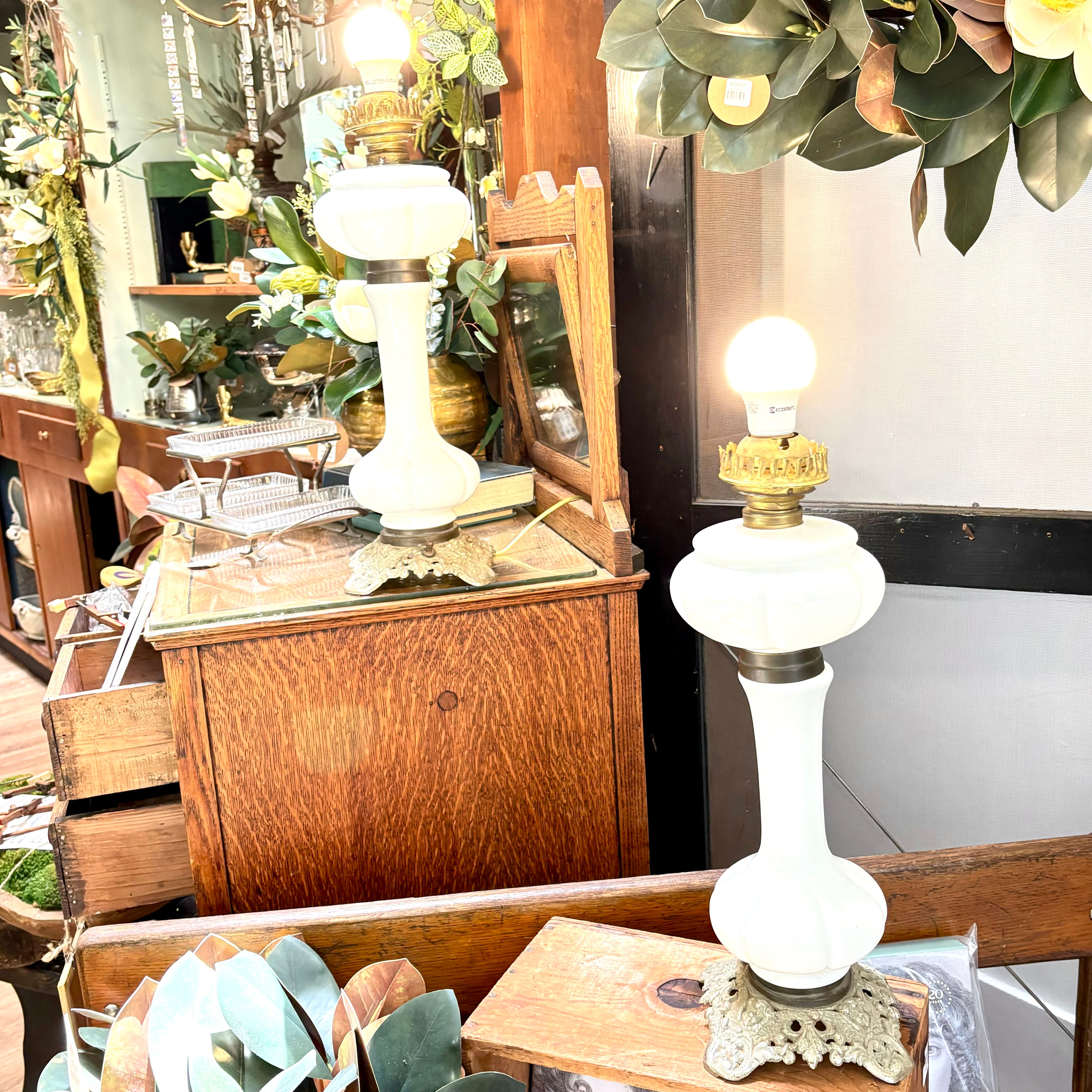 Set of Two Antique French Opal Glass Lamps