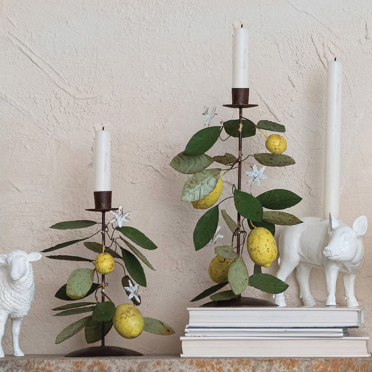 Tall Metal Taper Holder with Lemon and Leaves