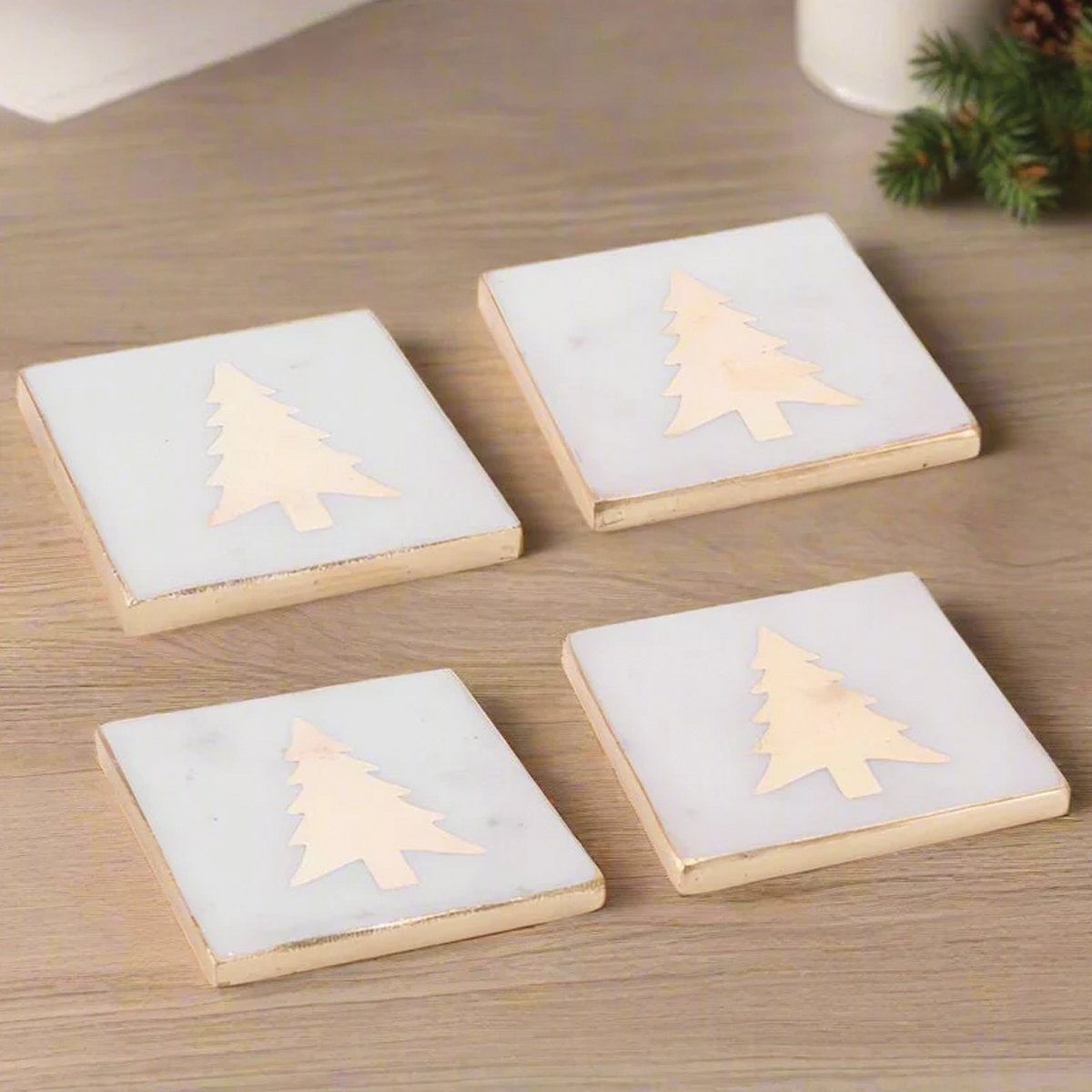 Marble Coaster with Gold Tree Insert Set of Four