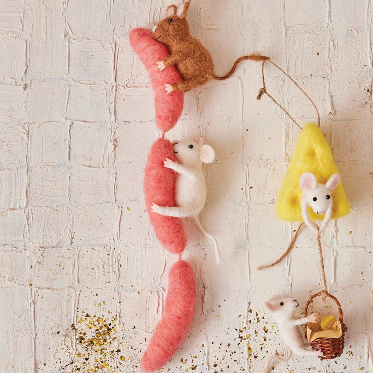 Wool Felt Mice on Sausage Food Ornament