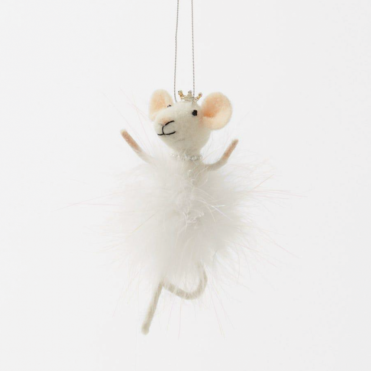 Felt Sugarplum Fairy Mouse with White Feathers, Silver Pearls and Crown Ornament