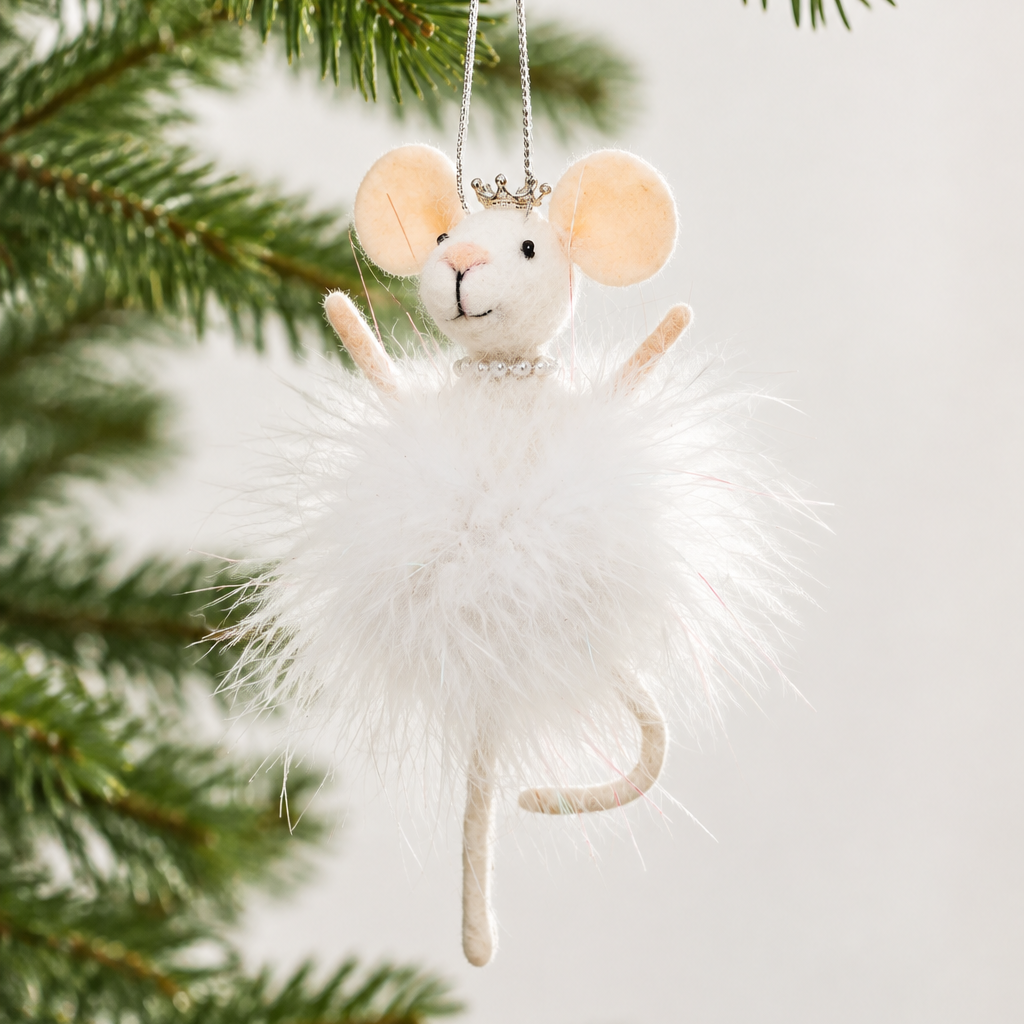 Felt Sugarplum Fairy Mouse with White Feathers, Silver Pearls and Crown Ornament