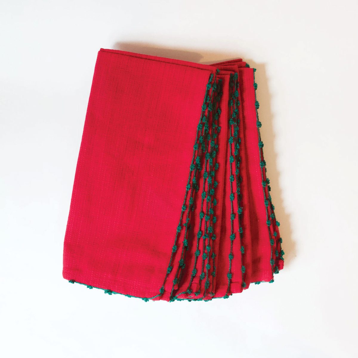 Set of Four Knotted Edge Scarlet Red with Green Trim Cotton Napkins
