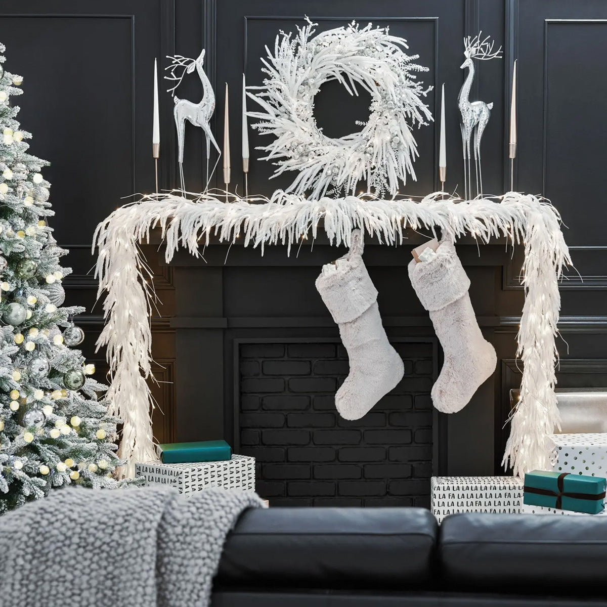 Flocked White Norfolk Pine with Snow Garland Real Touch