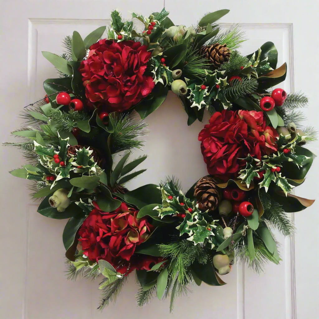 Red Hydrangea Holiday Wreath 24"