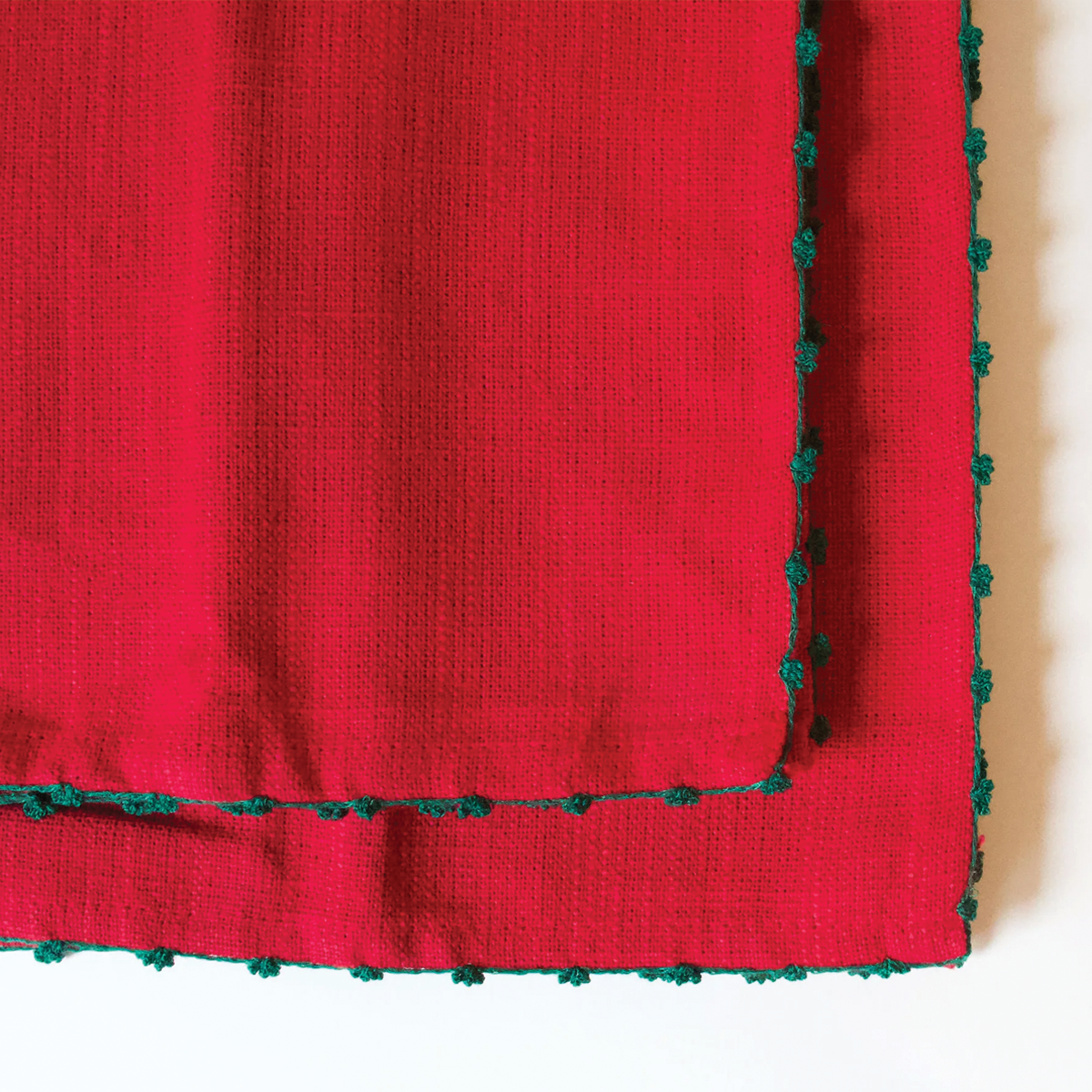 Set of Four Knotted Edge Scarlet Red with Green Trim Cotton Napkins
