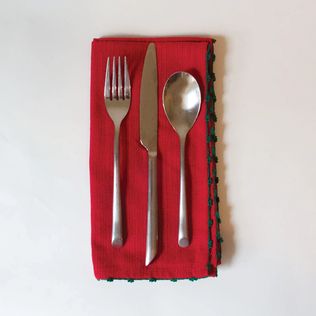 Set of Four Knotted Edge Scarlet Red with Green Trim Cotton Napkins