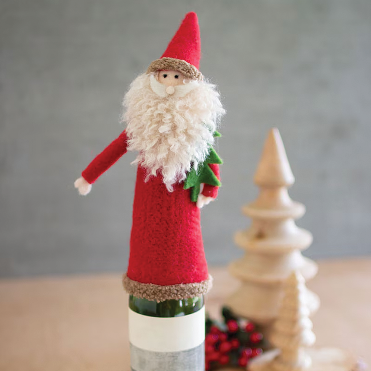 Felt Santa with Tree Wine Topper