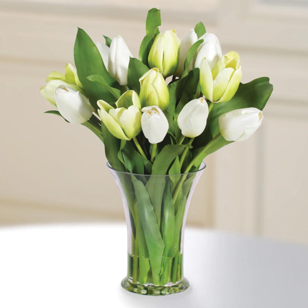 White and Green Tulips in Glass