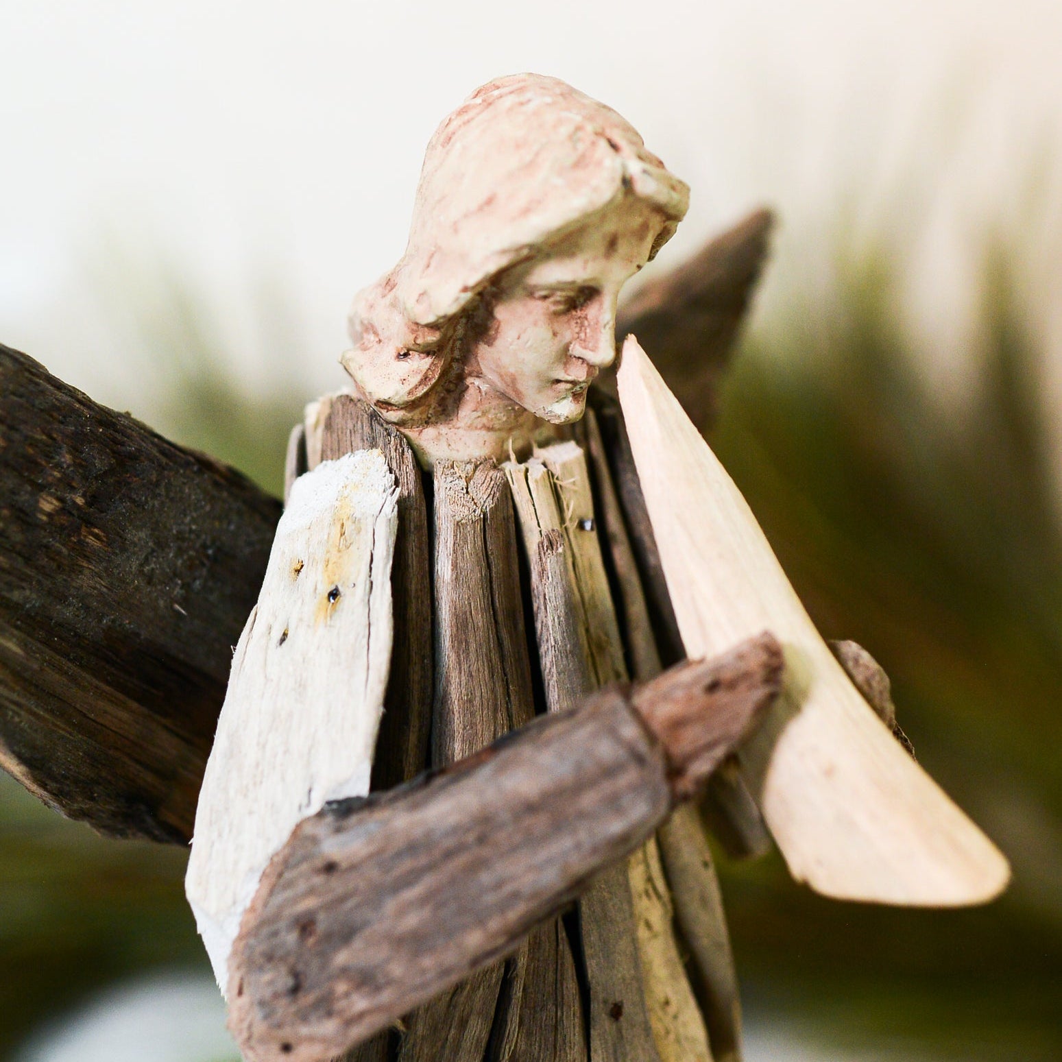 Angel Driftwood Statue Holding Trumpet