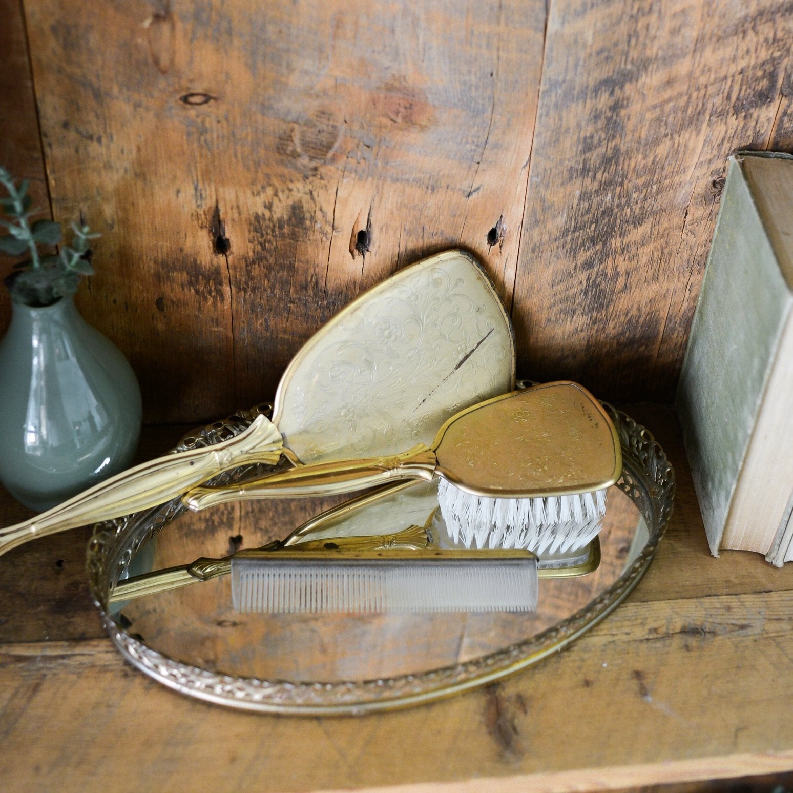 Vintage Antiqued Gold Vanity Beauty Hair Set of Three