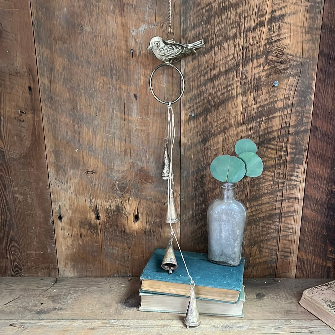 Hanging Gold Metal Bells Wind Chime with Bird on Chain Brass Finish