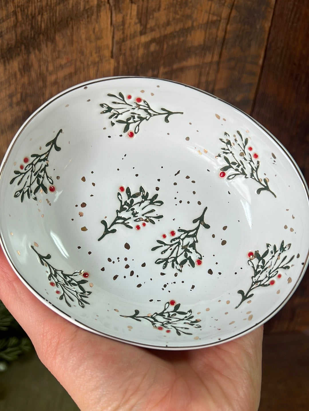 Stoneware Dish with Holly Sprigs