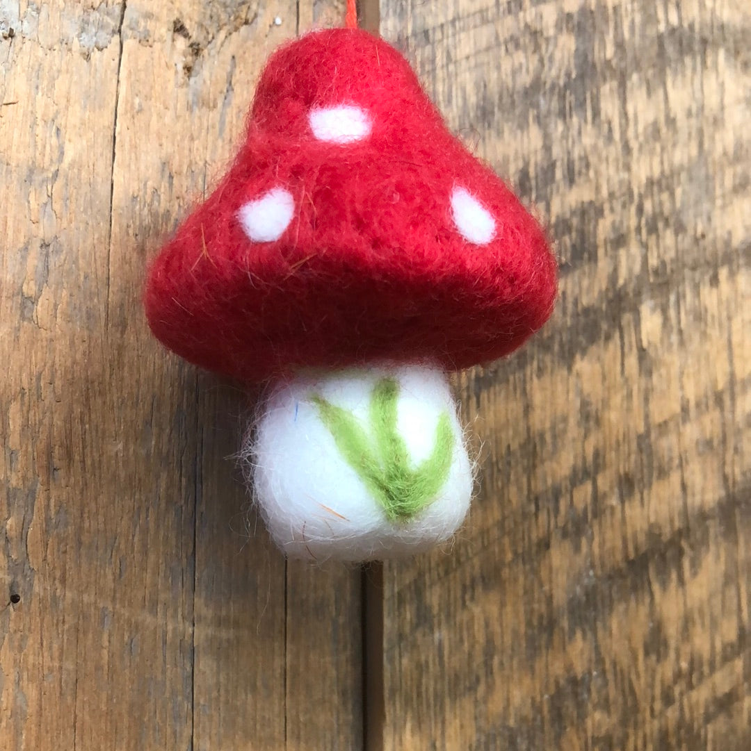 Felt Red and White Mushroom with Green Branch Ornament Small