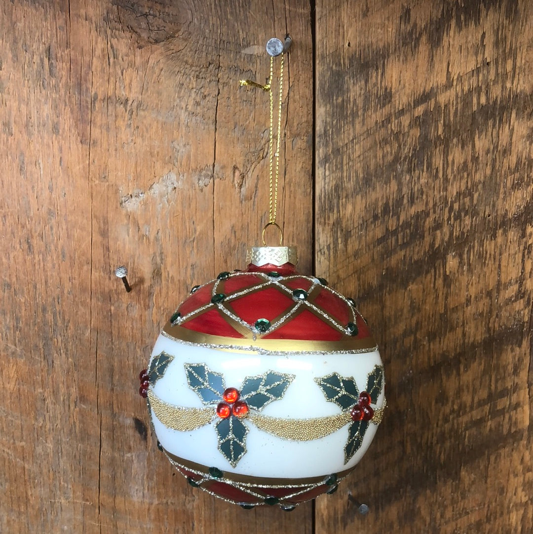 Faberge Glass Holly Ball Ornament