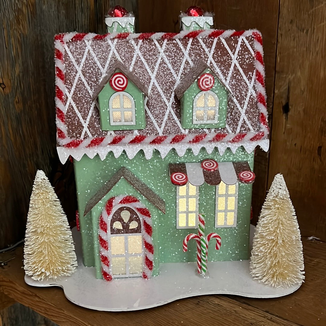 Cardboard LED Sparkle Minty Sweet Candy Cane Light Up House