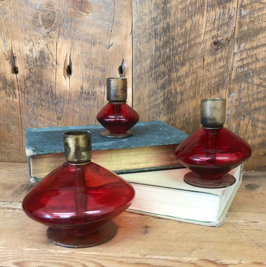 Red Glass and Metal Taper Candle Holder Medium