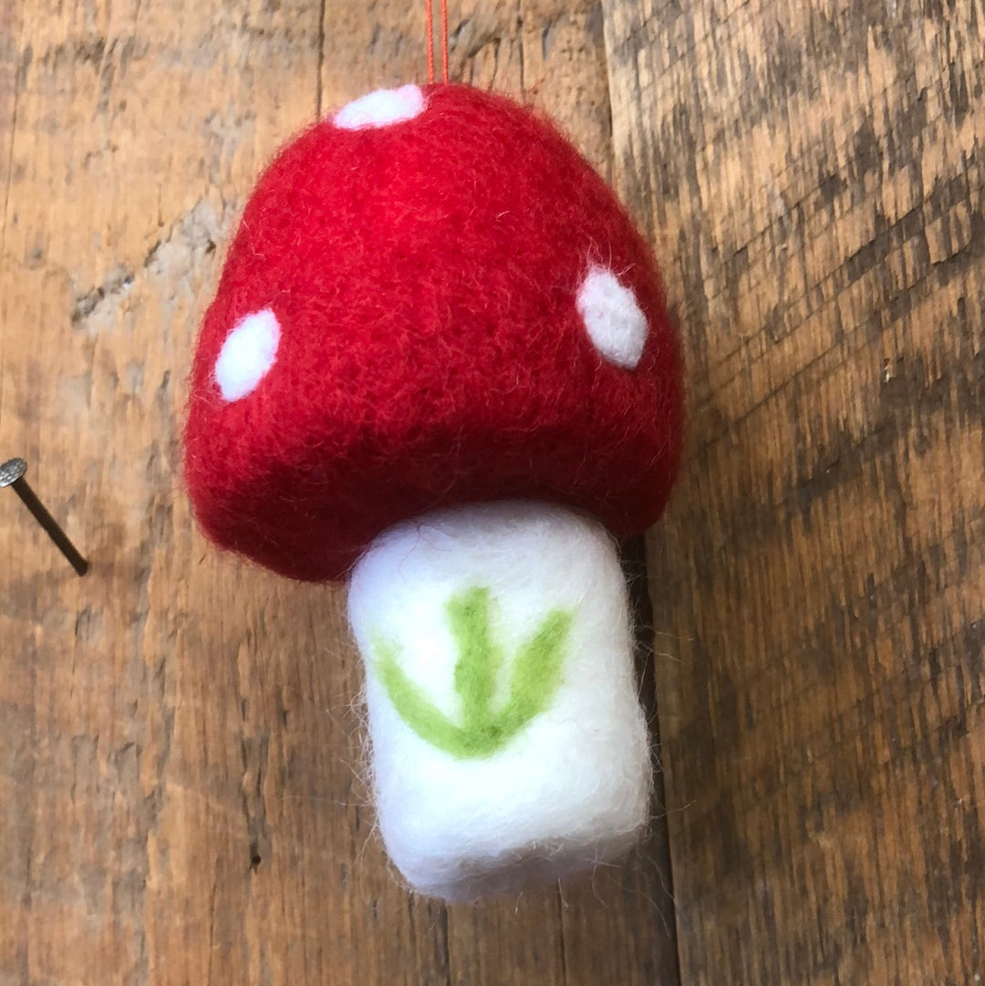 Felt Red and White Mushroom with Green Branch Ornament Large