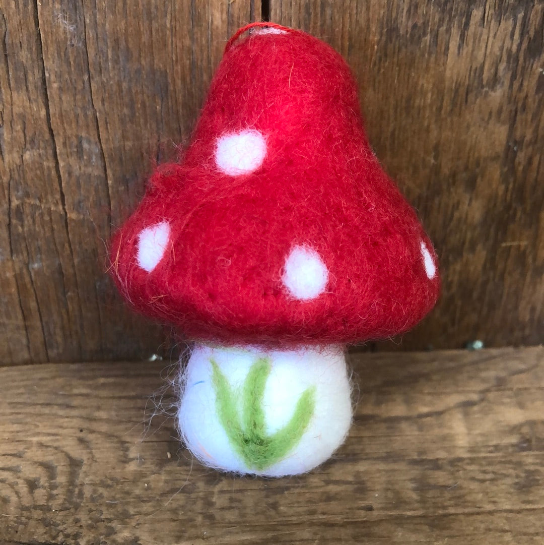 Felt Red and White Mushroom with Green Branch Ornament Small