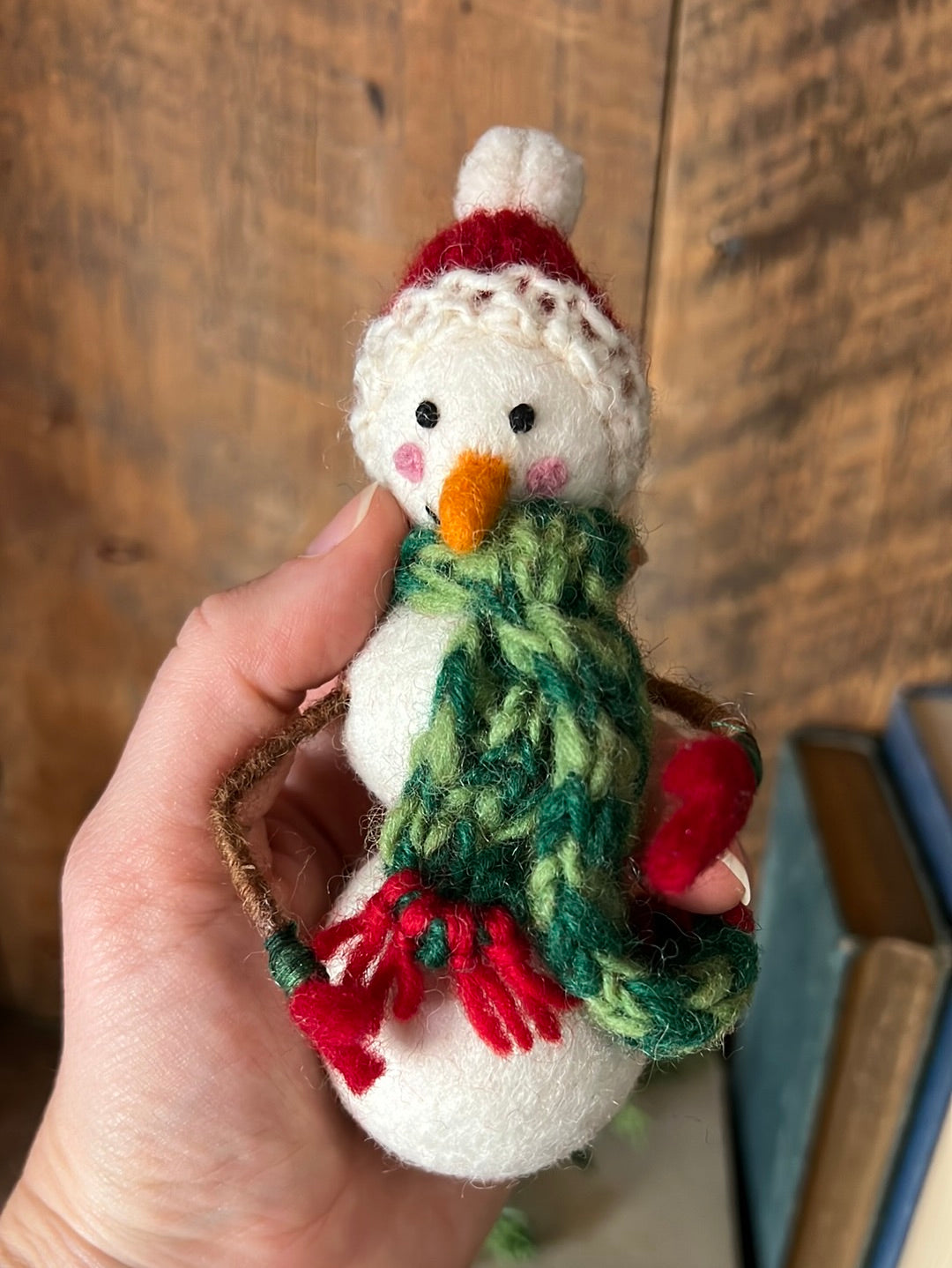 Felt Snowman with Cozy Wool Green Knitted Scarf Ornament