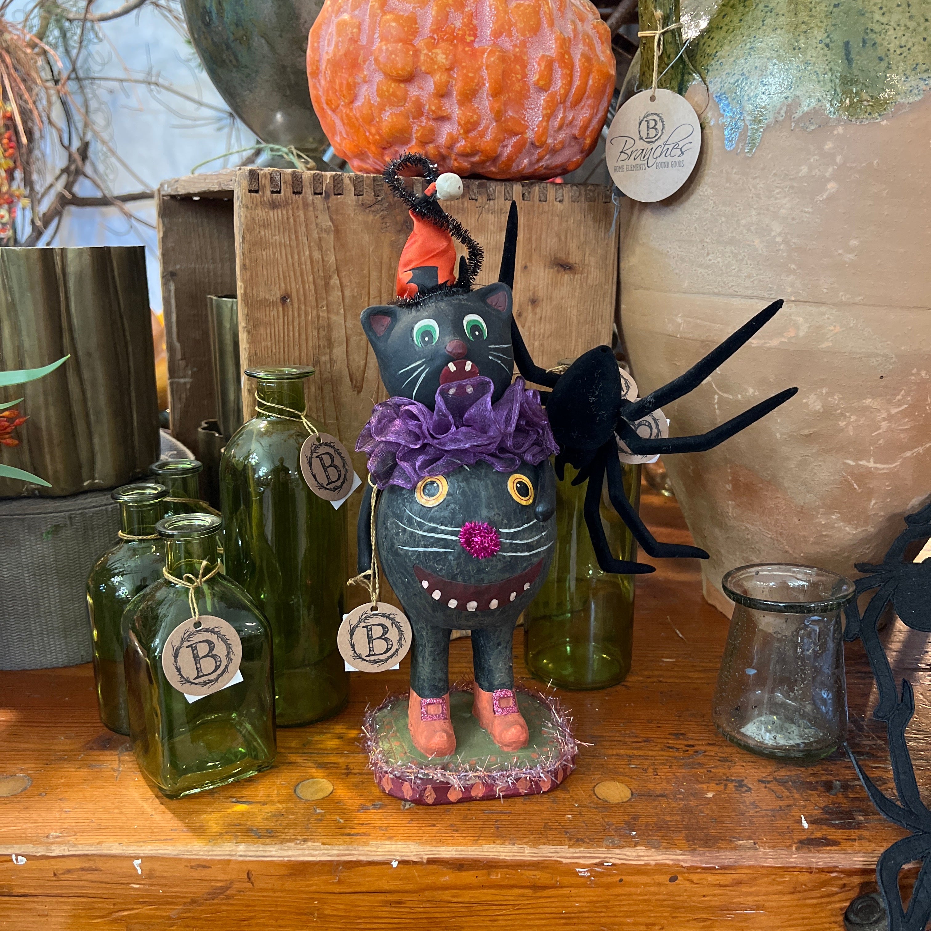 Folk Art Festive Halloween Cat Statue
