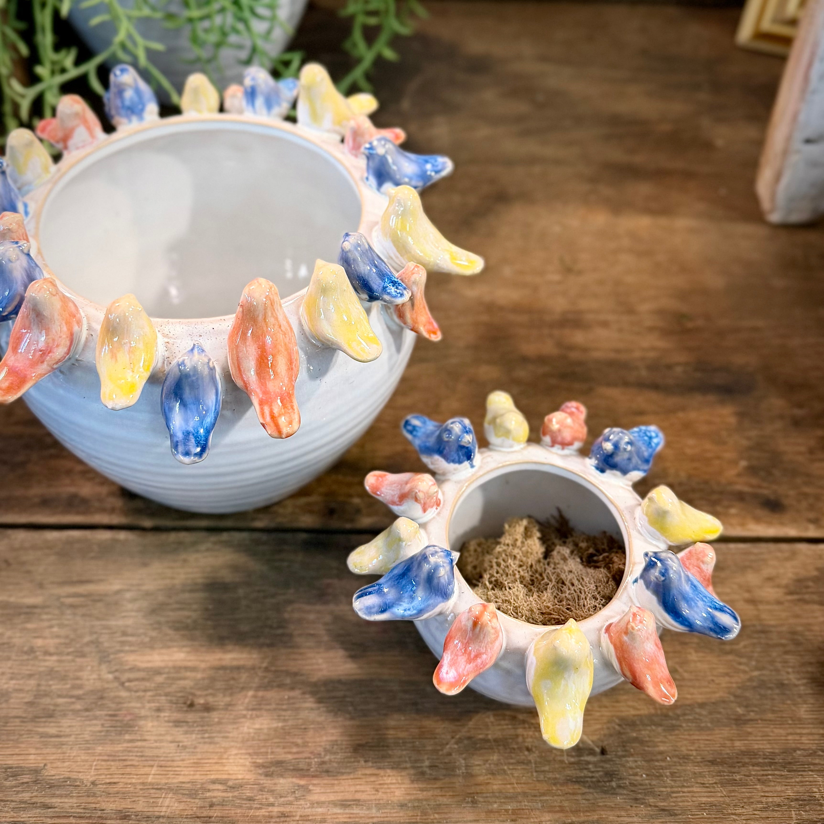 Stoneware Planter with Colorful Birds on Rim Large