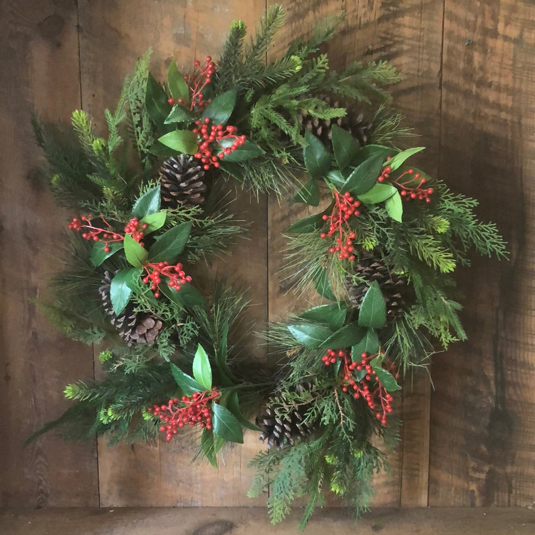 Mixed Greenery, Pinecone and Red Berry Wreath