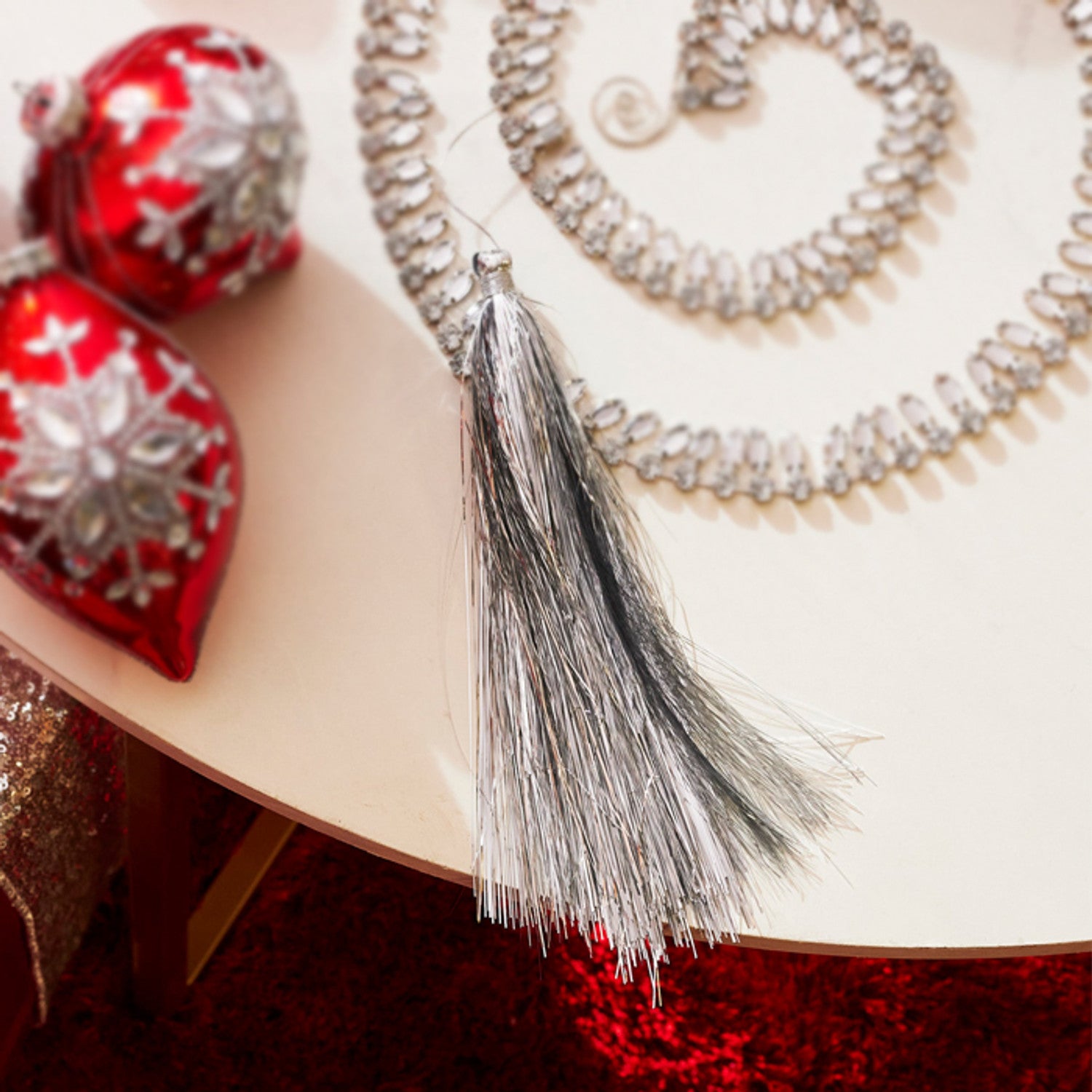 Silver Tinsel Tassel Ornament Short