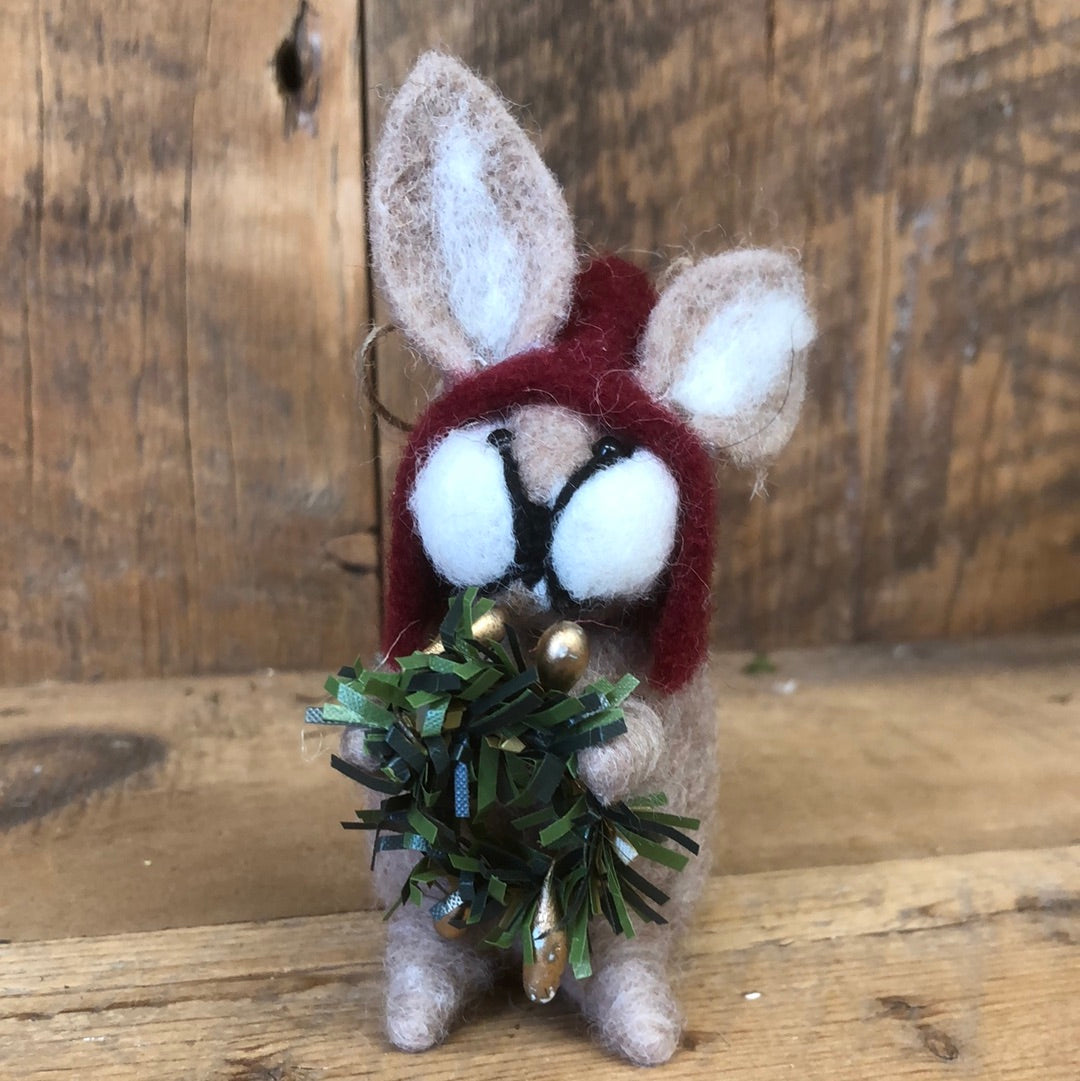 Felt Christmas Bunny with Red Gnome Hat Ornament