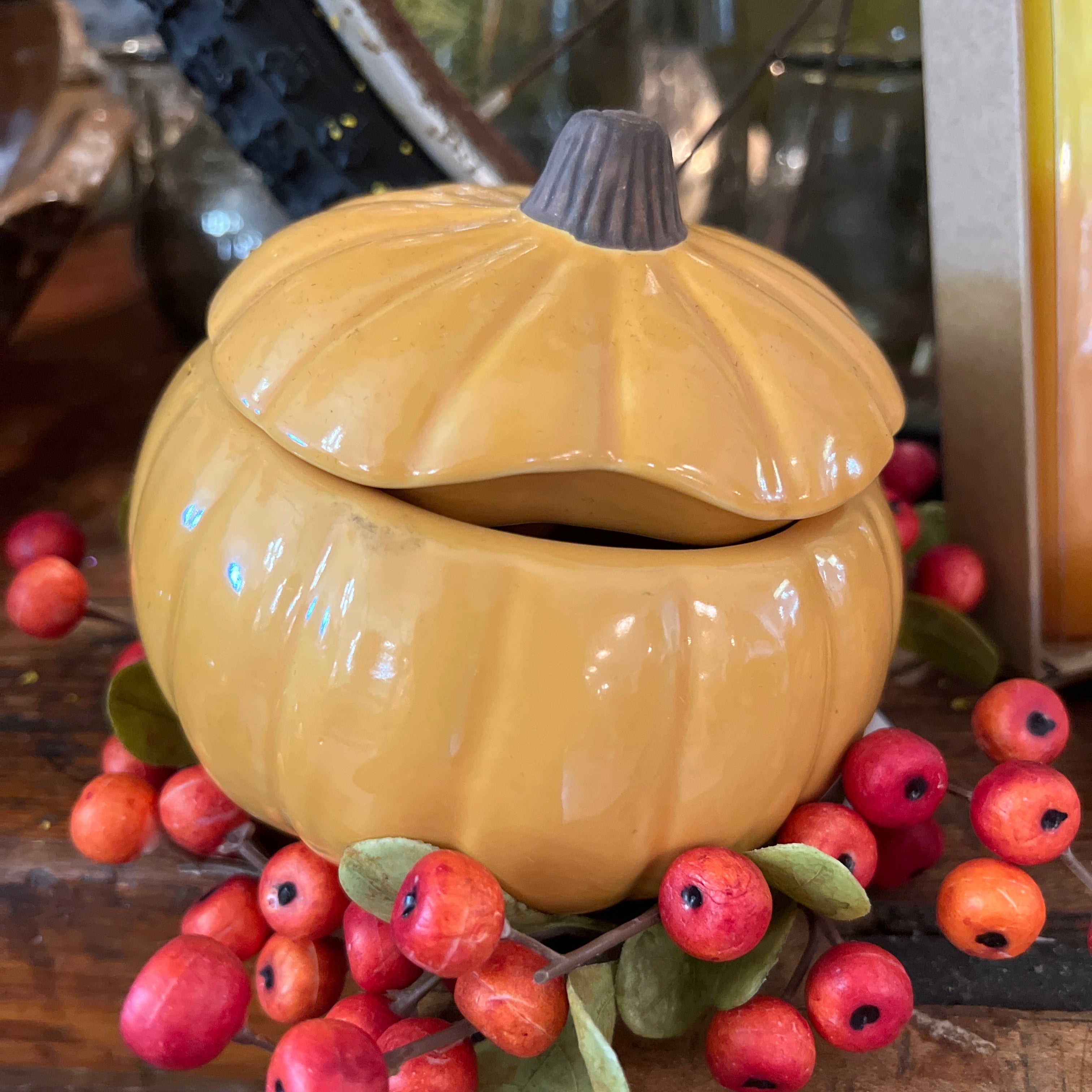 Adorable Ceramic Lidded Orange Pumpkin Jar
