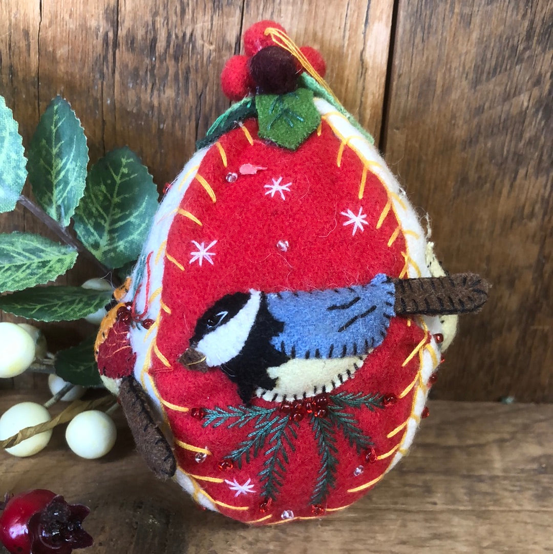 Embroidered Felt Ball with Birds Small Ornament