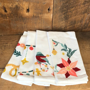 Set of Four Cotton Holiday Slub Printed Napkins with Embroidery