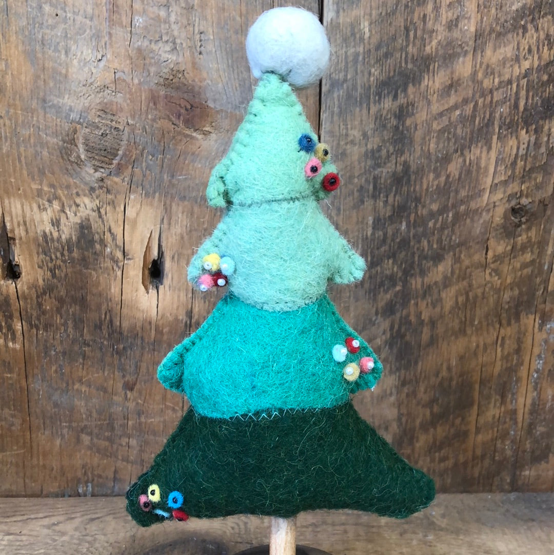 Handmade Wool Felt Tree with Embroidered Ornaments on Wood Stand