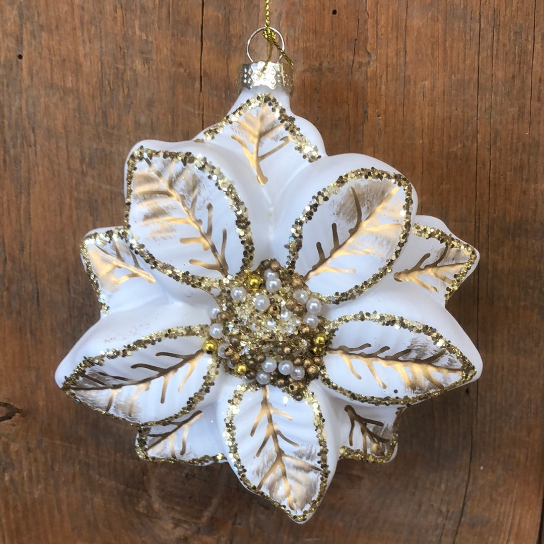 White Poinsettia Glitter and Glass Ornament