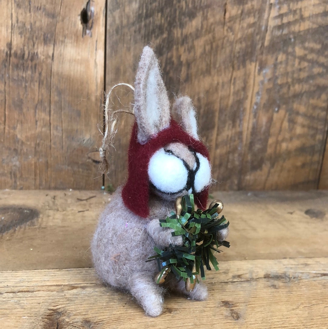 Felt Christmas Bunny with Red Gnome Hat Ornament