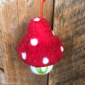 Felt Red and White Mushroom with Green Branch Ornament Small