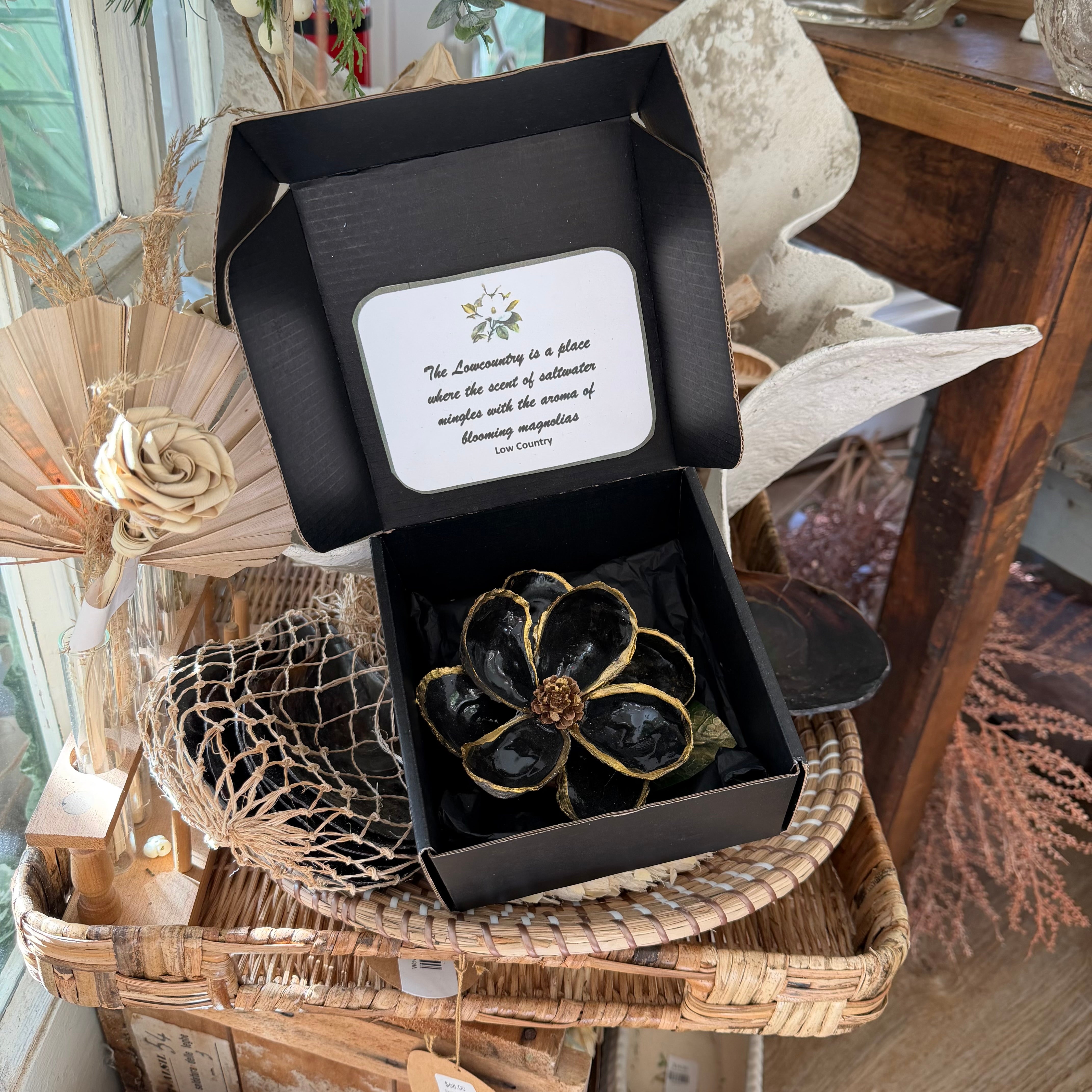 Blue Oyster Shell Magnolia Flower in Gift Box Black