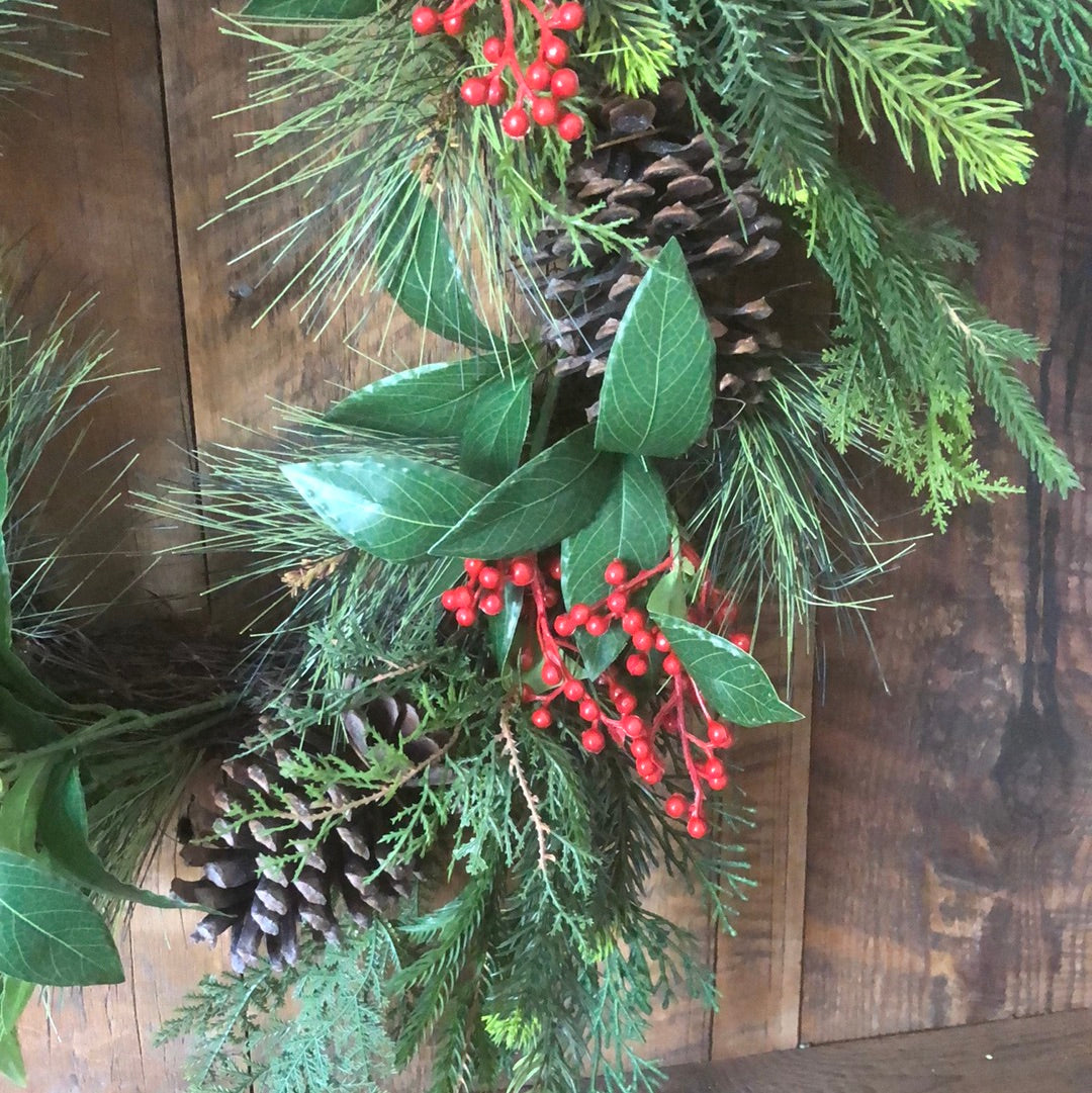 Mixed Greenery, Pinecone and Red Berry Wreath