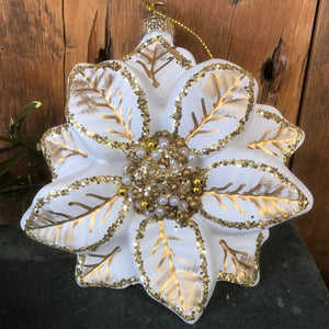 White Poinsettia Glitter and Glass Ornament