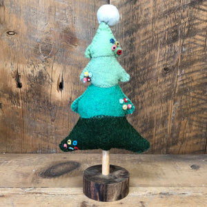 Handmade Wool Felt Tree with Embroidered Ornaments on Wood Stand