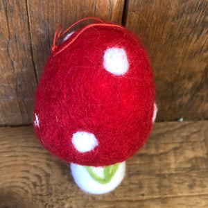 Felt Red and White Mushroom with Green Branch Ornament Large