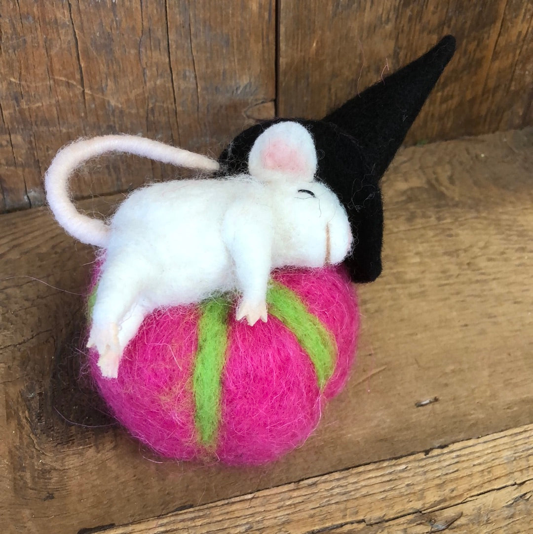 Wool White Mouse with Witch Hat and Purple Pumpkin