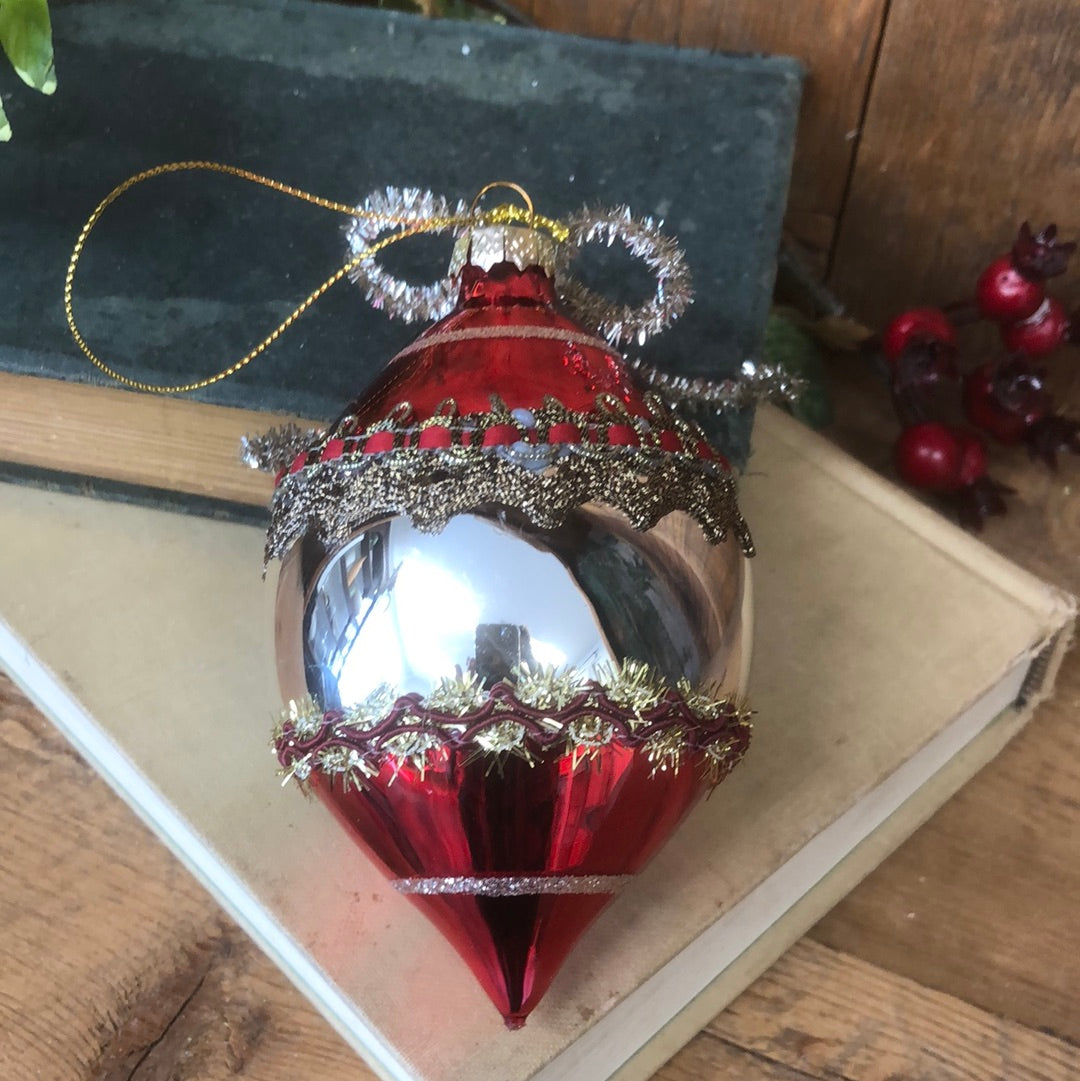 Vintage Tinsel Glass Red Silver Ornament